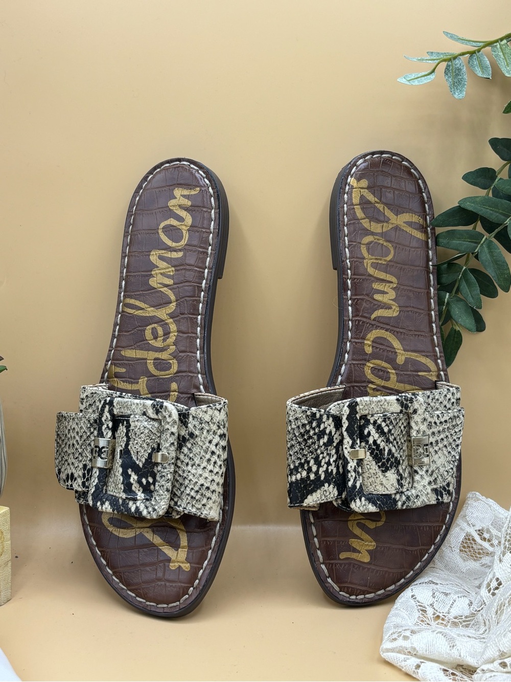 Sam Edelman Black & Cream Snake-Print Buckle Slide Sandals